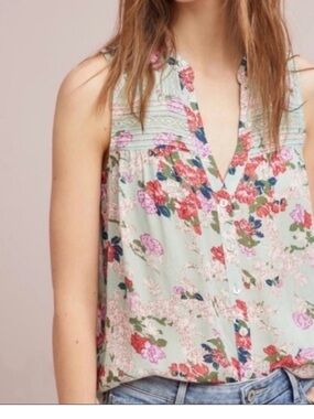 Anthropologie Mint Floral Button-Front Camisole with Pintuck Yoke